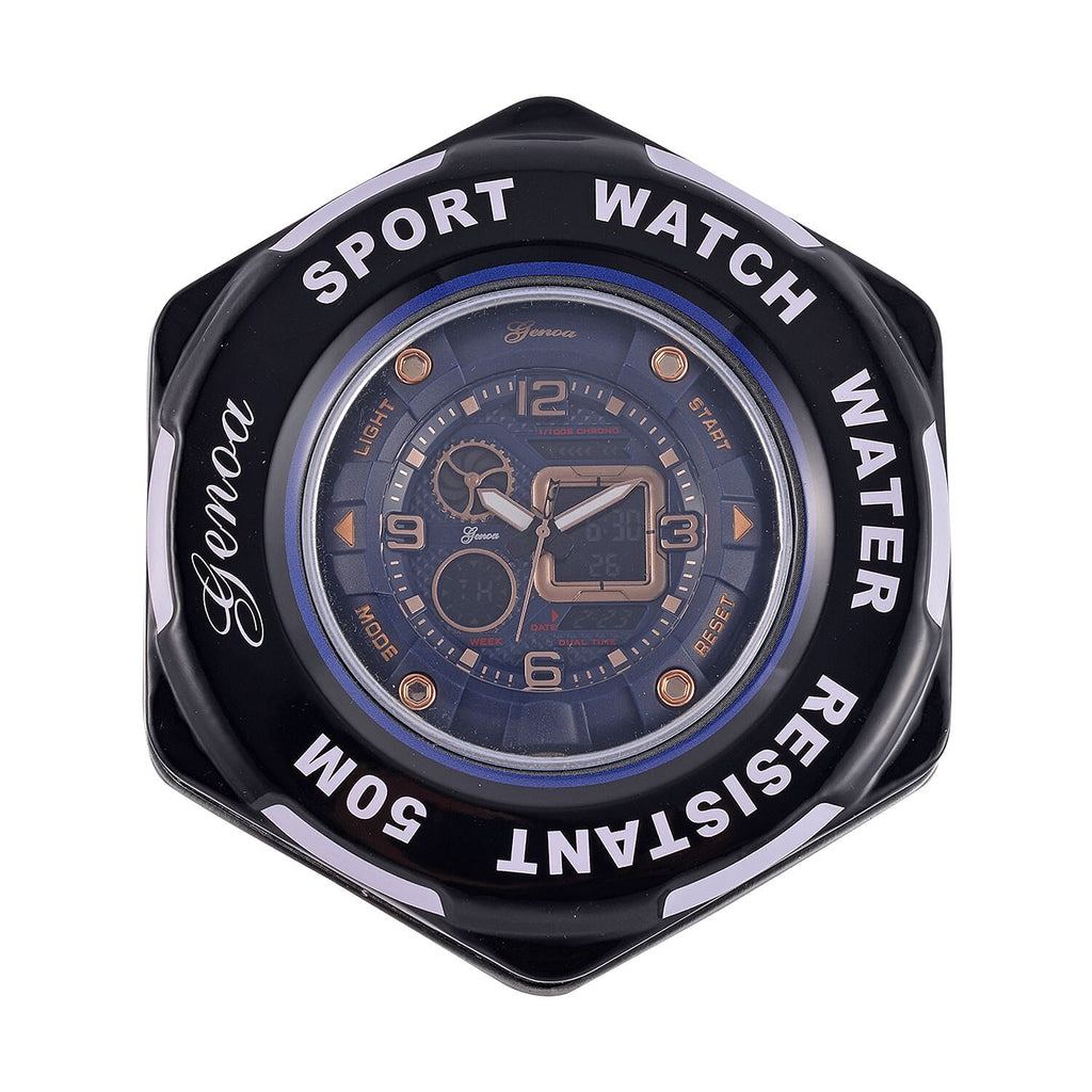 GENOA Japanese Movement Blue Dial 5 ATM Water Resistant Dual Display Watch with Stopwatch, Alarm, Night Light - Blue Leatherette Strap in Rose Gold Tone