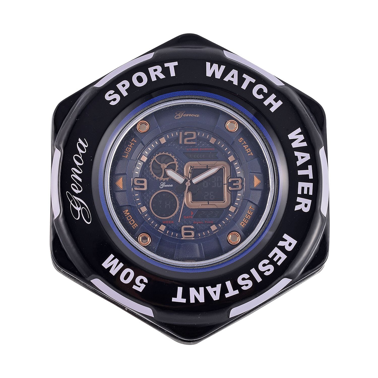 GENOA Japanese Movement Blue Dial 5 ATM Water Resistant Dual Display Watch with Stopwatch, Alarm, Night Light - Blue Leatherette Strap in Rose Gold Tone