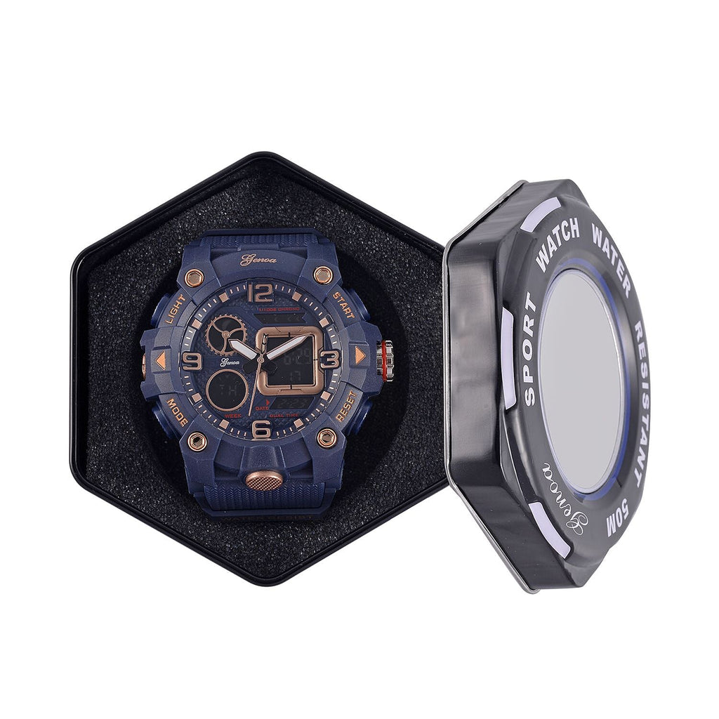 GENOA Japanese Movement Blue Dial 5 ATM Water Resistant Dual Display Watch with Stopwatch, Alarm, Night Light - Blue Leatherette Strap in Rose Gold Tone