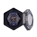 GENOA Japanese Movement Blue Dial 5 ATM Water Resistant Dual Display Watch with Stopwatch, Alarm, Night Light - Blue Leatherette Strap in Rose Gold Tone