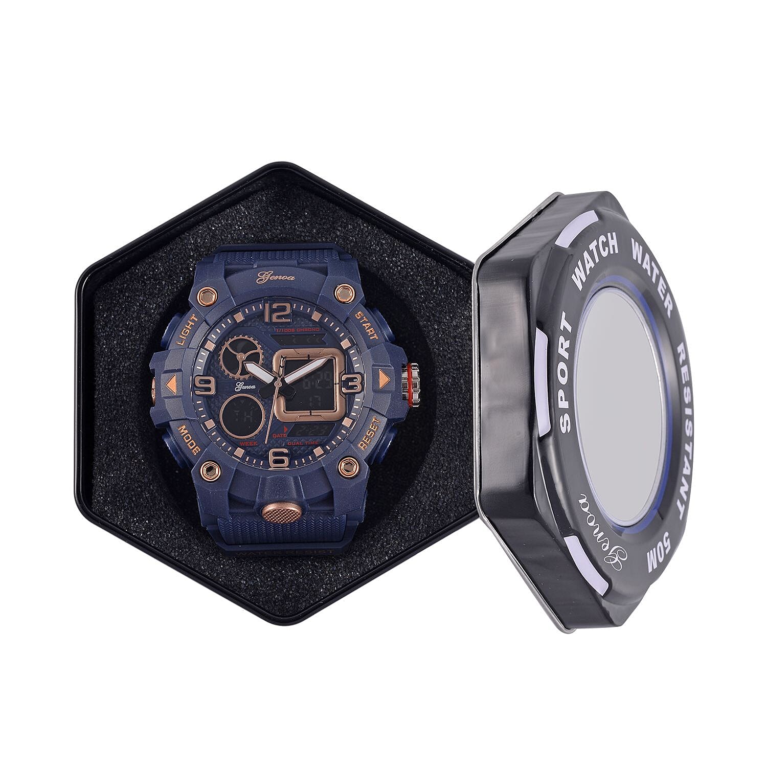 GENOA Japanese Movement Blue Dial 5 ATM Water Resistant Dual Display Watch with Stopwatch, Alarm, Night Light - Blue Leatherette Strap in Rose Gold Tone