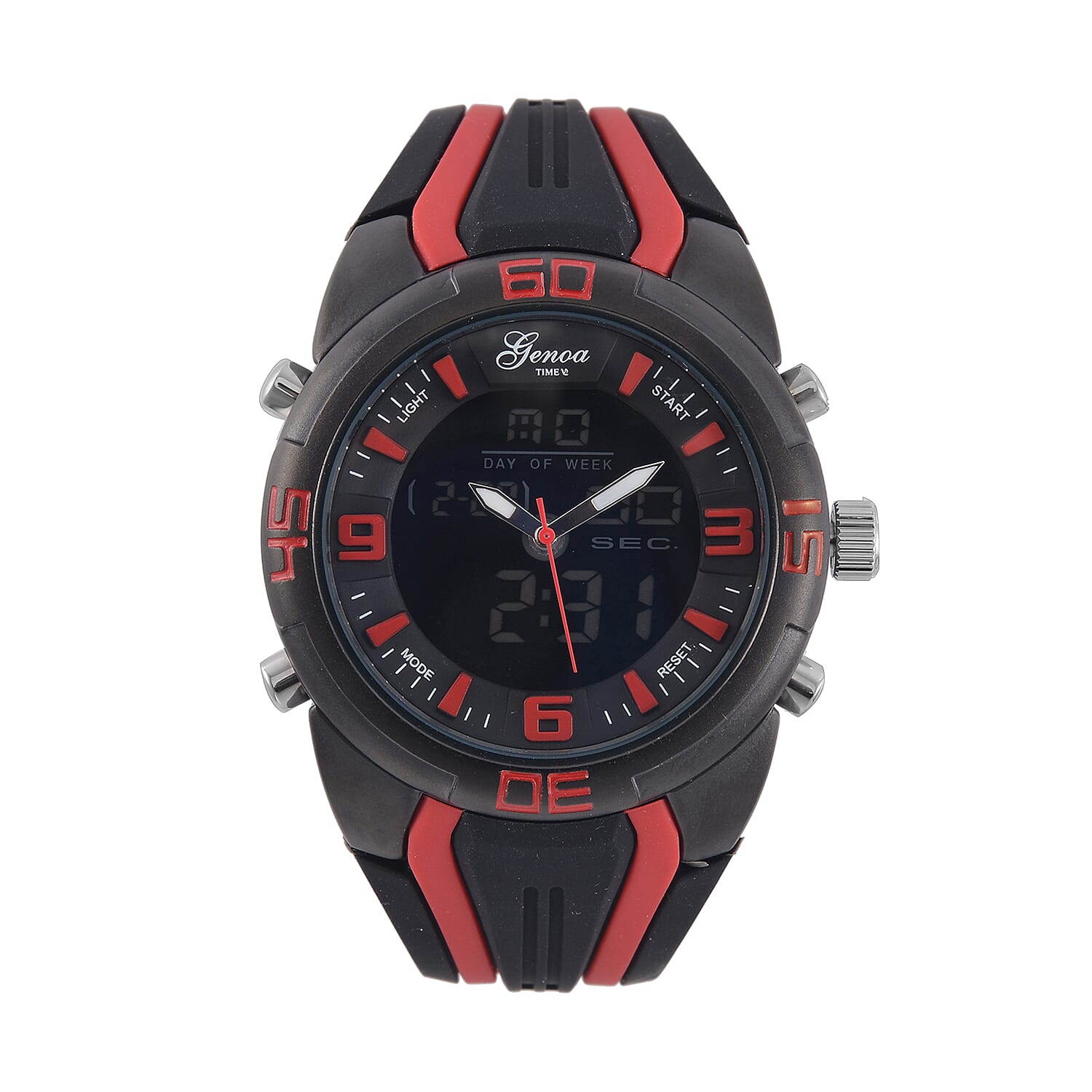 GENOA TIME V2 Japanese Movement Multifunctional Black Literal Dial 5 ATM Water Resistant Watch With Black - Red TPU Strap