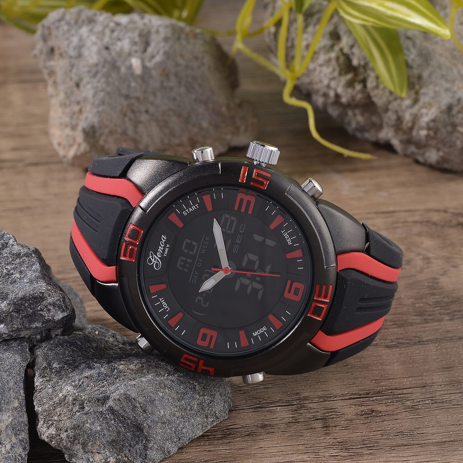 GENOA TIME V2 Japanese Movement Multifunctional Black Literal Dial 5 ATM Water Resistant Watch With Black - Red TPU Strap