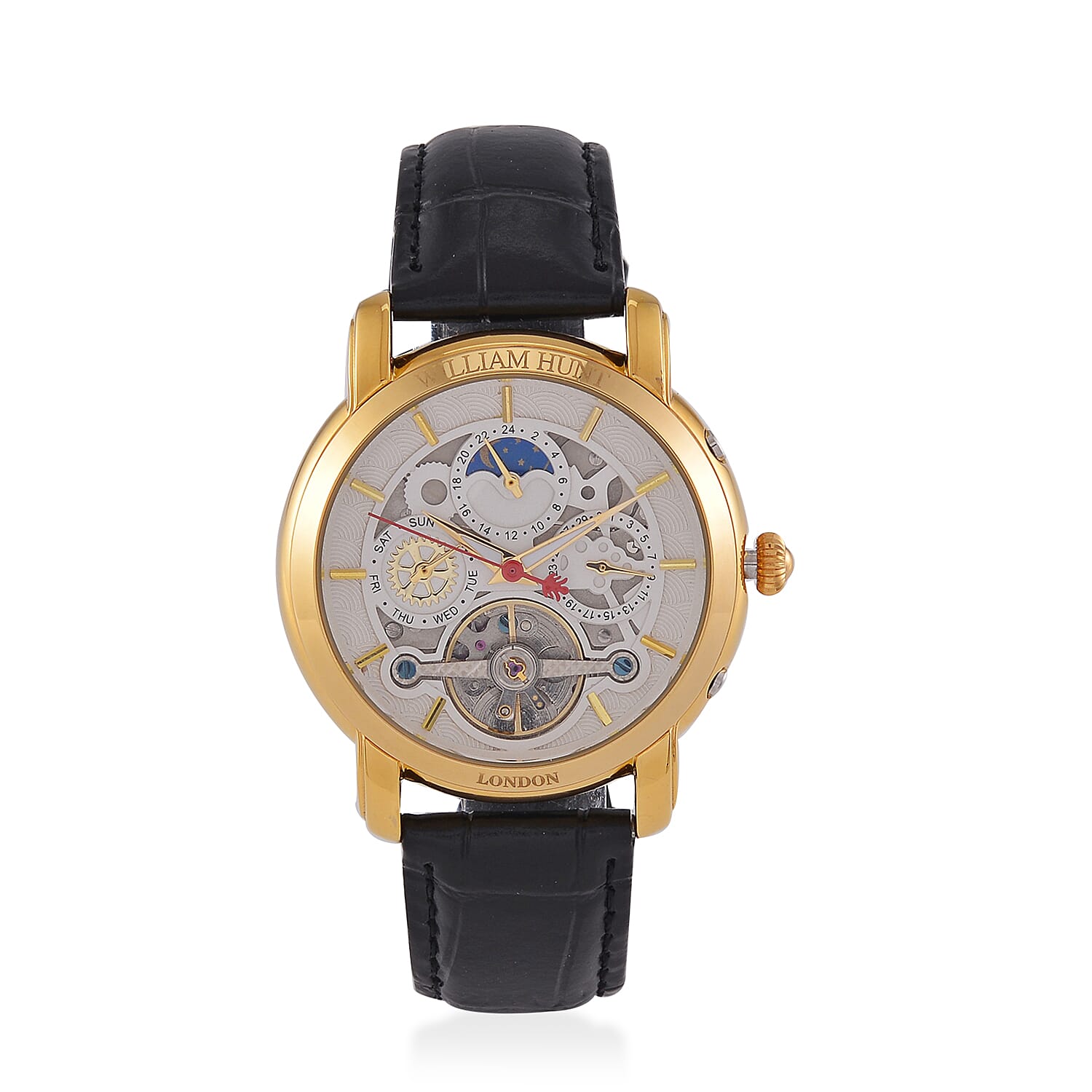 LIMITED EDITION William Hunt London Automatic Movement 5 ATM WR Moon Phase Watch With Black Leather Strap