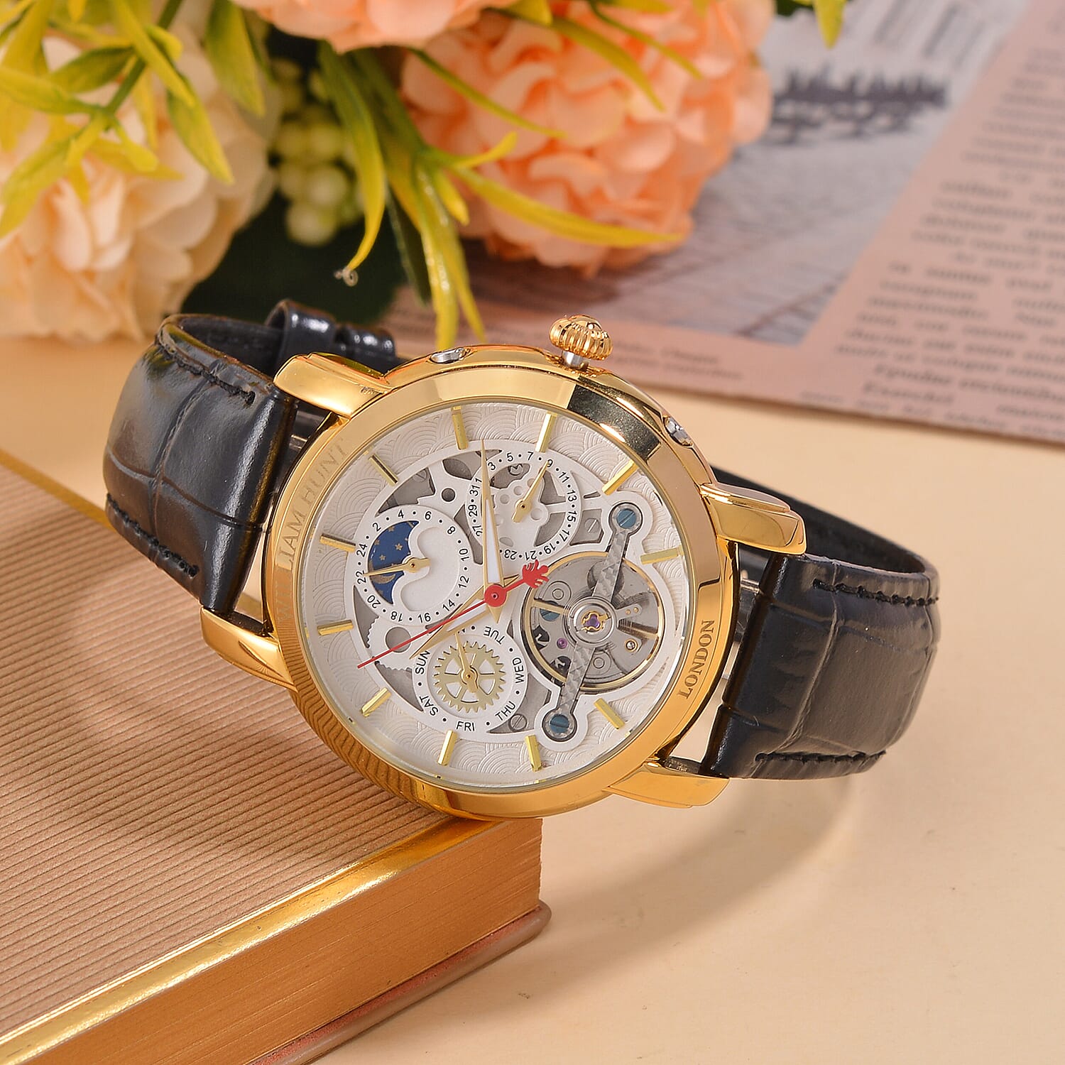 LIMITED EDITION William Hunt London Automatic Movement 5 ATM WR Moon Phase Watch With Black Leather Strap