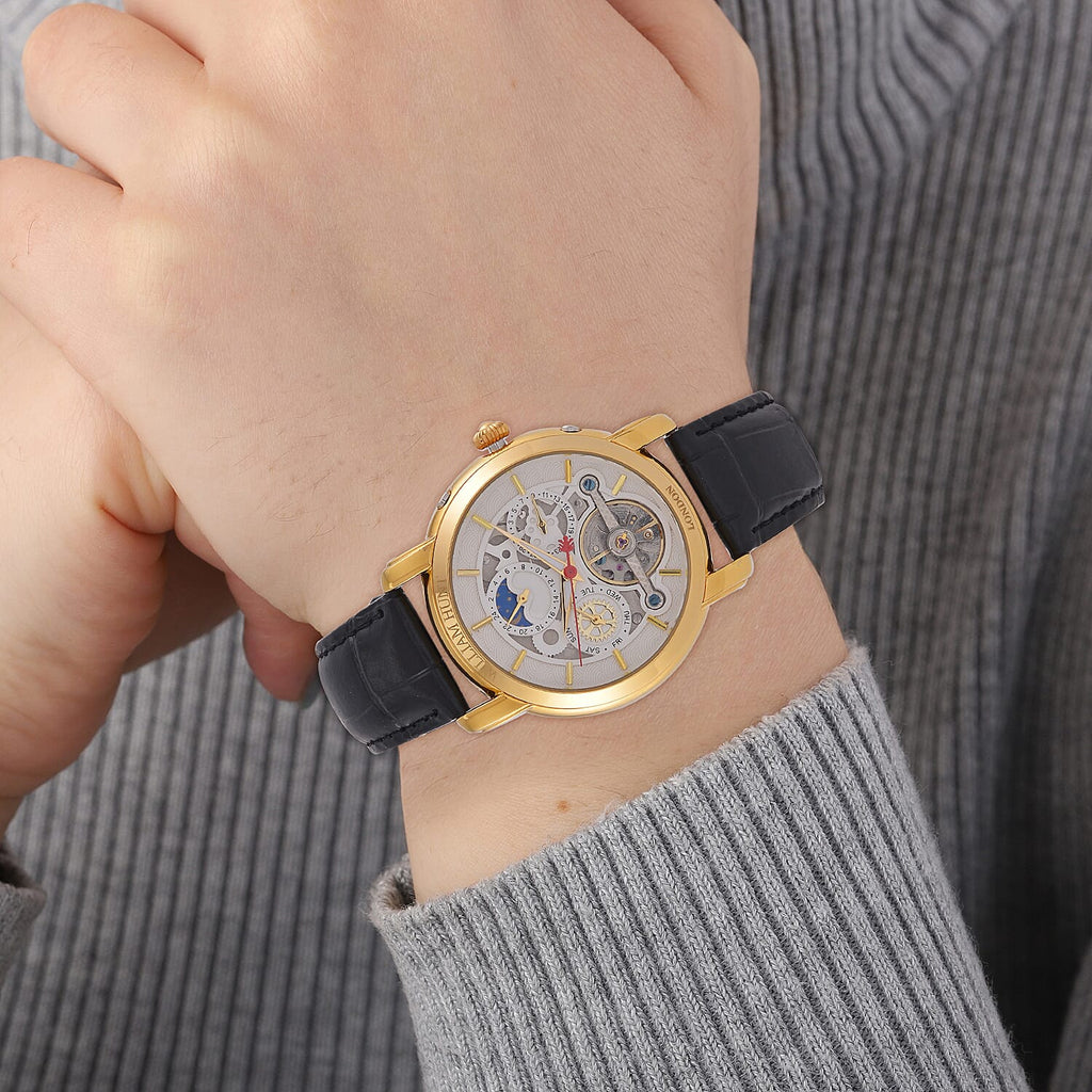 LIMITED EDITION William Hunt London Automatic Movement 5 ATM WR Moon Phase Watch With Black Leather Strap