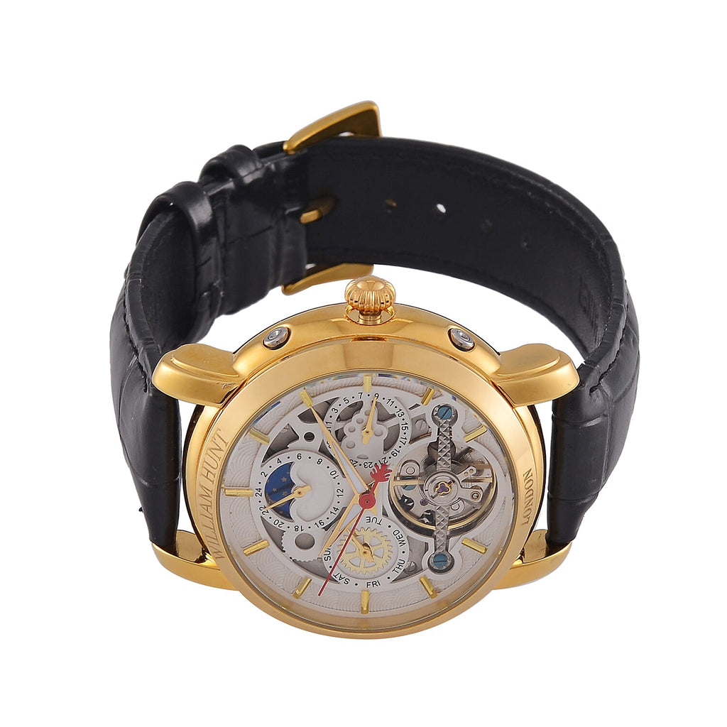 LIMITED EDITION William Hunt London Automatic Movement 5 ATM WR Moon Phase Watch With Black Leather Strap