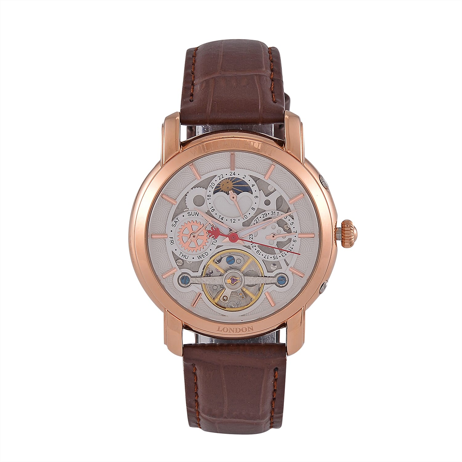 LIMITED EDITION William Hunt London Automatic Movement 5 ATM WR Moon Phase Watch With Brown Leather Strap