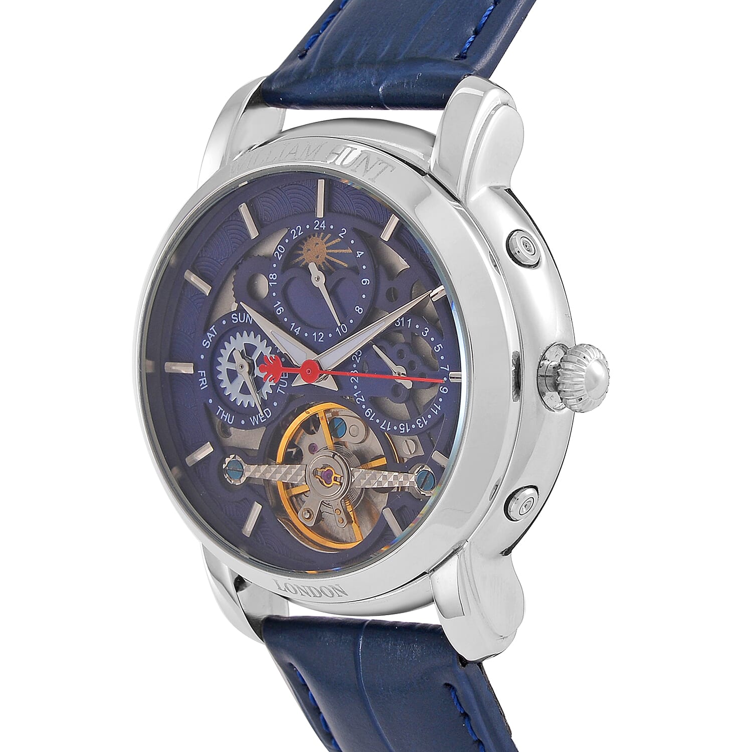 LIMITED EDITION William Hunt London Automatic Movement 5 ATM WR Moon Phase Watch With Blue Leather Strap