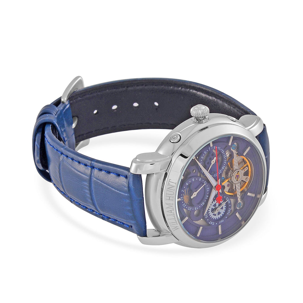 LIMITED EDITION William Hunt London Automatic Movement 5 ATM WR Moon Phase Watch With Blue Leather Strap