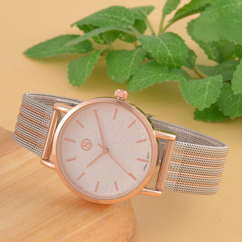 STRADA Japanese Movement Floral Pattern Hydraulic Literal Water Resistant Watch With Rose Gold - White Stainless Steel Mesh Strap