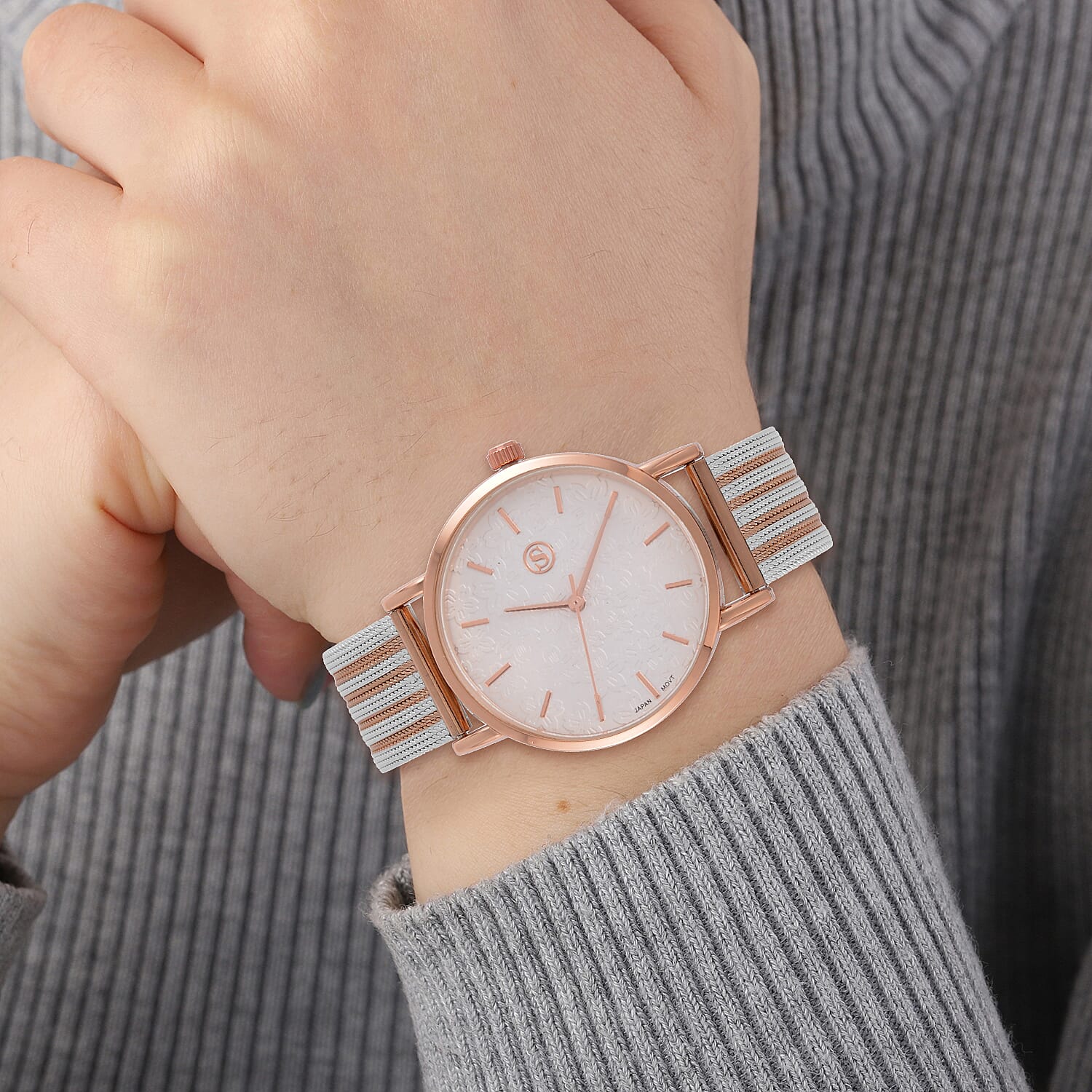 STRADA Japanese Movement Floral Pattern Hydraulic Literal Water Resistant Watch With Rose Gold - White Stainless Steel Mesh Strap
