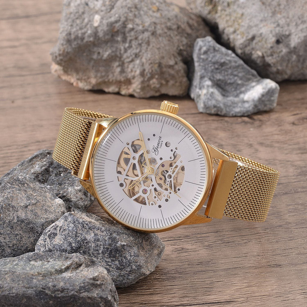 GENOA TIME V2 Automatic Mechanical Movement (40.5mm Case) White Dial 3ATM Water Resistant Watch With Gold Stainless Steel Mesh Strap
