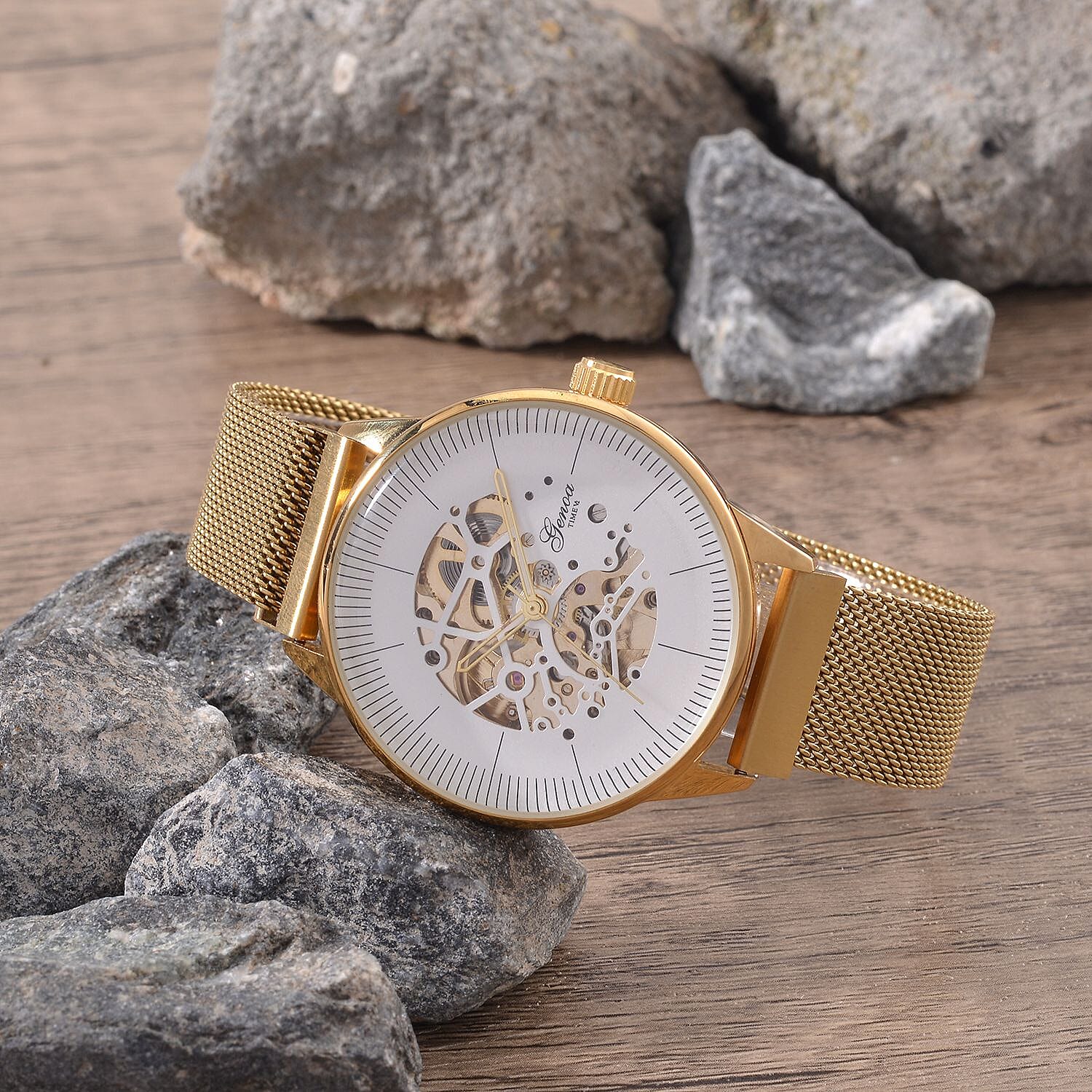 GENOA TIME V2 Automatic Mechanical Movement (40.5mm Case) White Dial 3ATM Water Resistant Watch With Gold Stainless Steel Mesh Strap