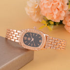 Strada Japanese Movement Black Dial Water Resistant Watch in Rose Gold Tone