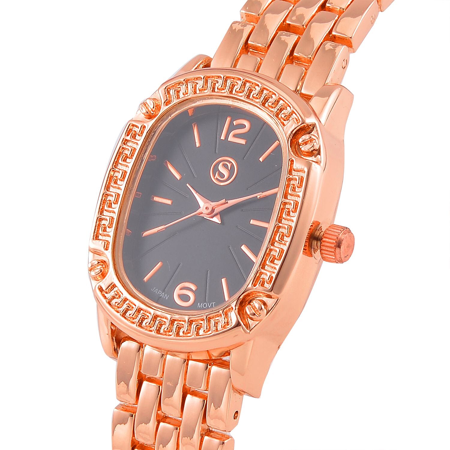 Strada Japanese Movement Black Dial Water Resistant Watch in Rose Gold Tone