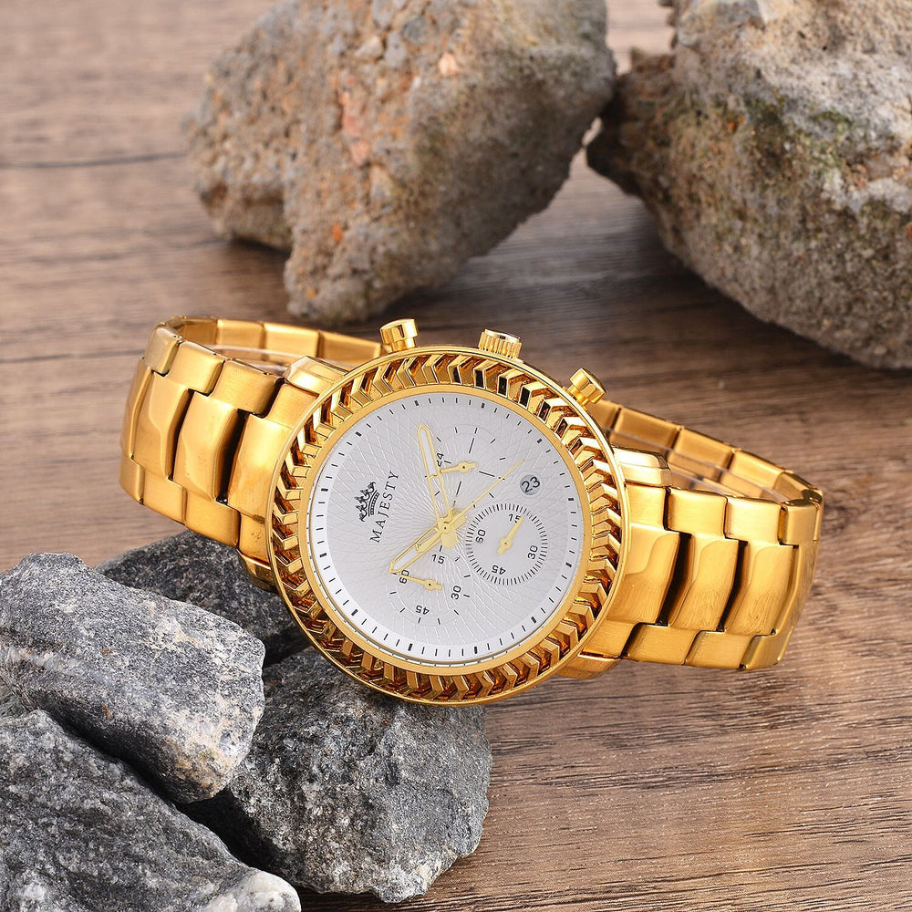 MAJESTY Multifunction Movt. White Dial 3 ATM Water Resistant Watch with Stainless Steel Chain Strap in Gold Tone
