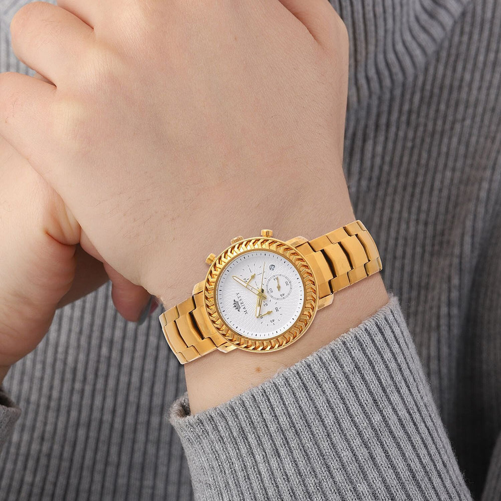 MAJESTY Multifunction Movt. White Dial 3 ATM Water Resistant Watch with Stainless Steel Chain Strap in Gold Tone