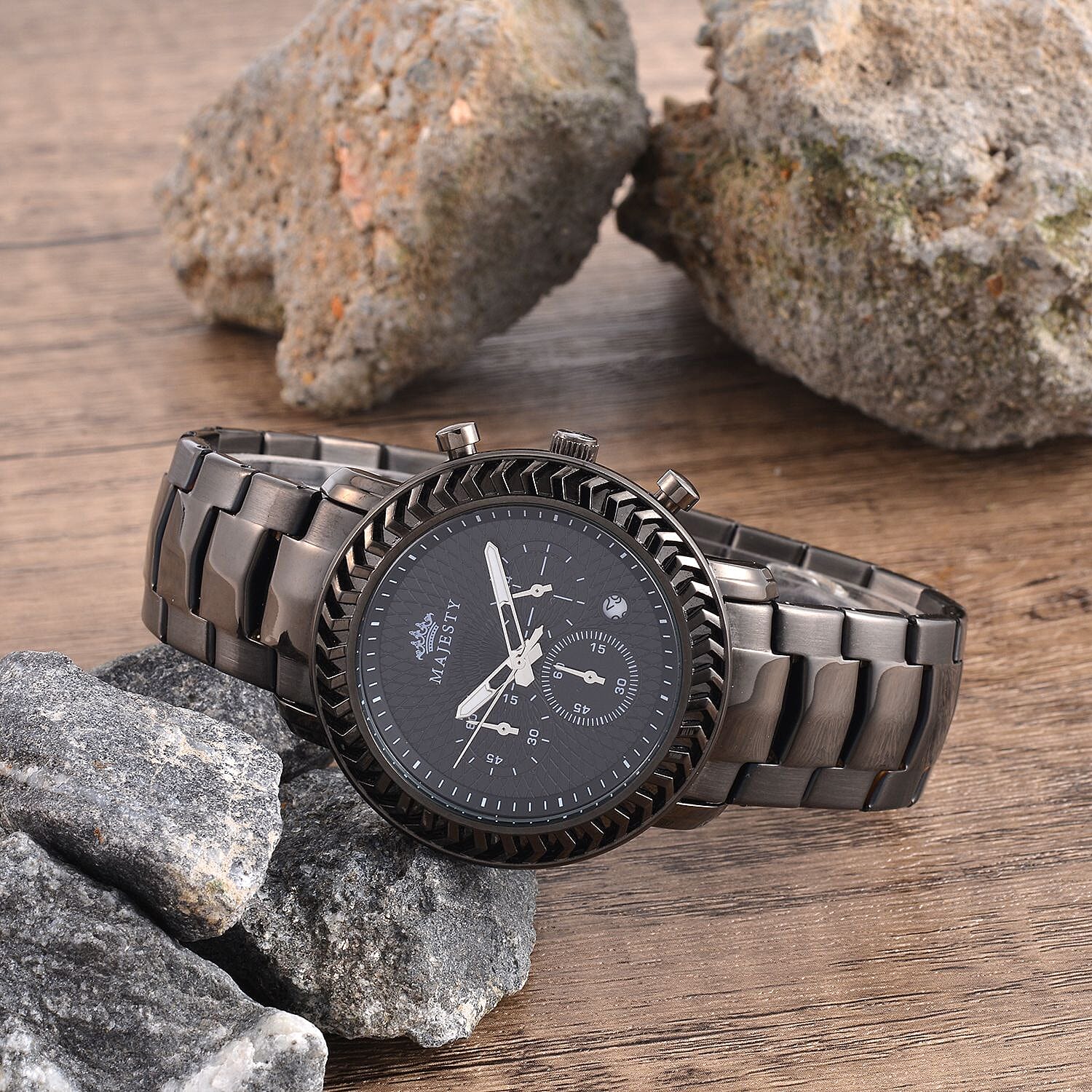 MAJESTY Multifunction Movt. Black Dial 3 ATM Water Resistant Watch with Stainless Steel Chain Strap in Black Tone