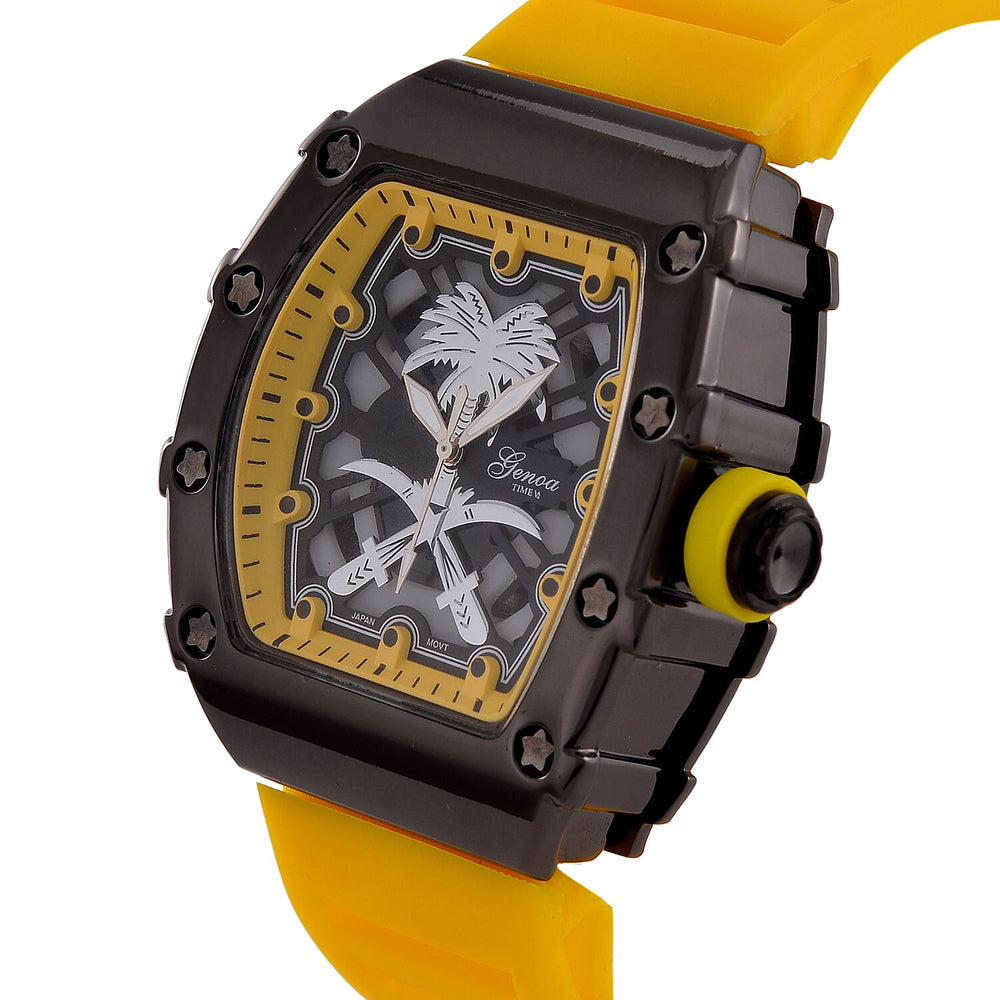 GENOA Japan Movt. 3ATM WR Black Dial Watch with Yellow Colour Strap