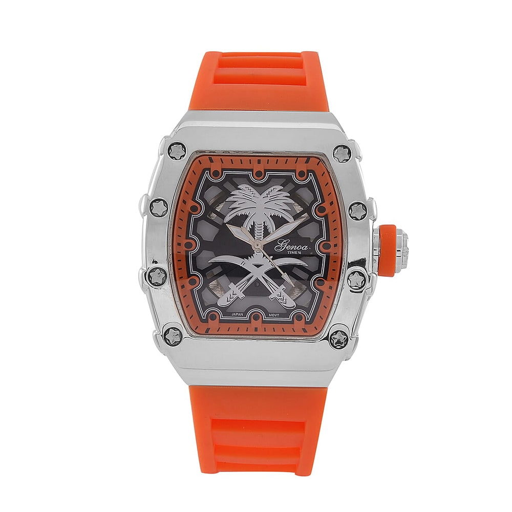 GENOA Japan Movt. 3ATM WR Black Dial Watch with Orange Colour Strap