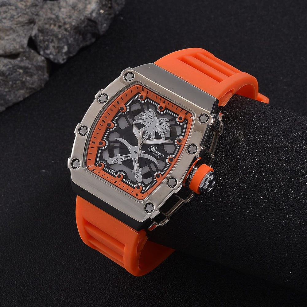 GENOA Japan Movt. 3ATM WR Black Dial Watch with Orange Colour Strap