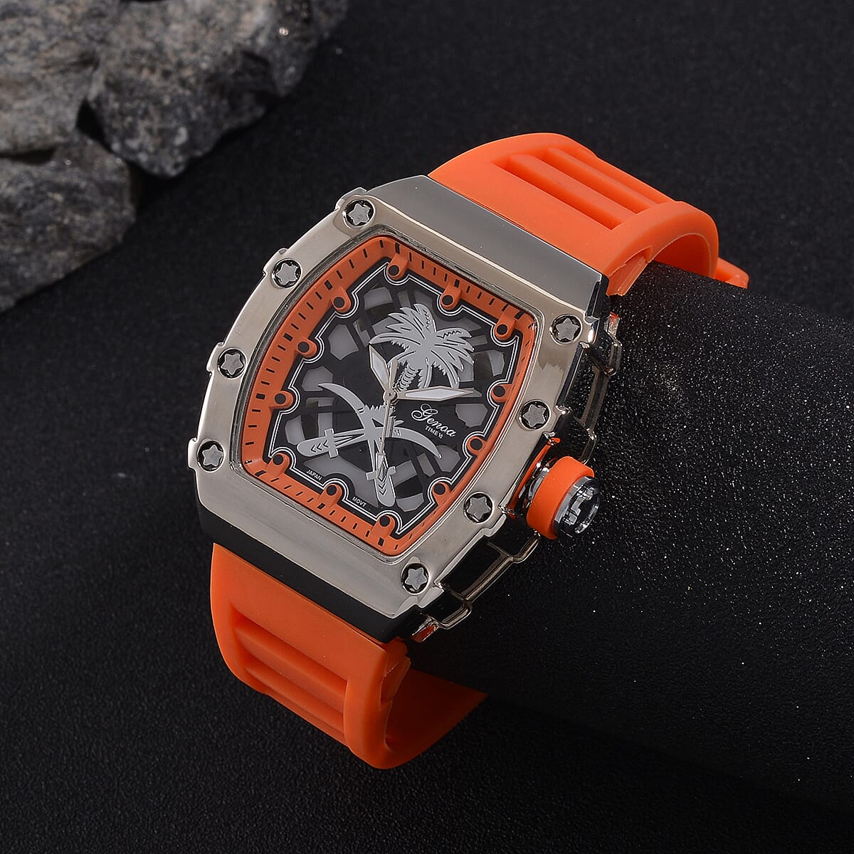 GENOA Japan Movt. 3ATM WR Black Dial Watch with Orange Colour Strap