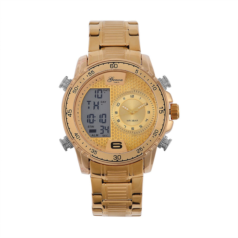 GENOA TIME V2 Japan Movement Multifucntional LED & Gold Literal Dial 3 ATM WR Watch with Stainless Steel Gold Buckle