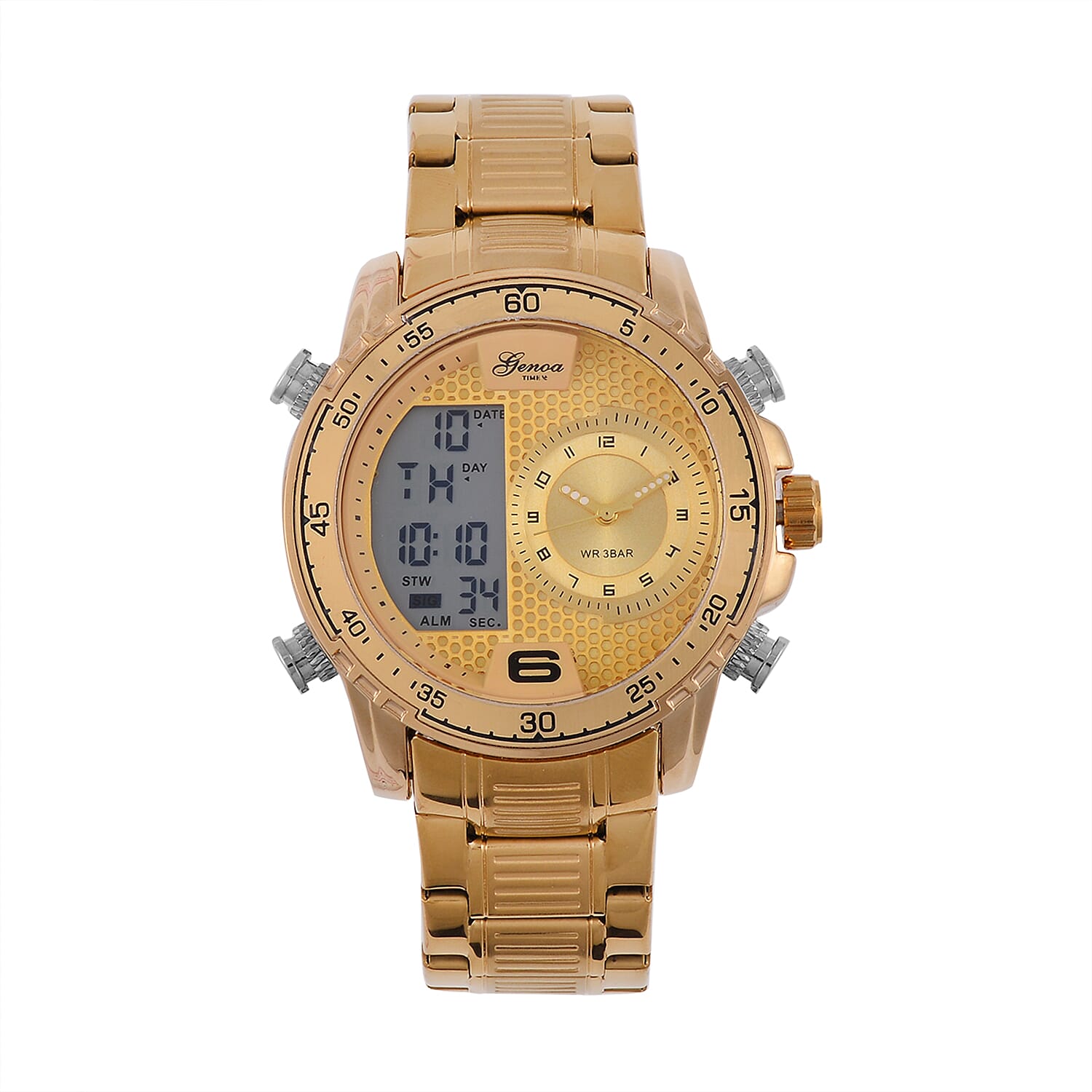 GENOA TIME V2 Japan Movement Multifucntional LED & Gold Literal Dial 3 ATM WR Watch with Stainless Steel Gold Buckle