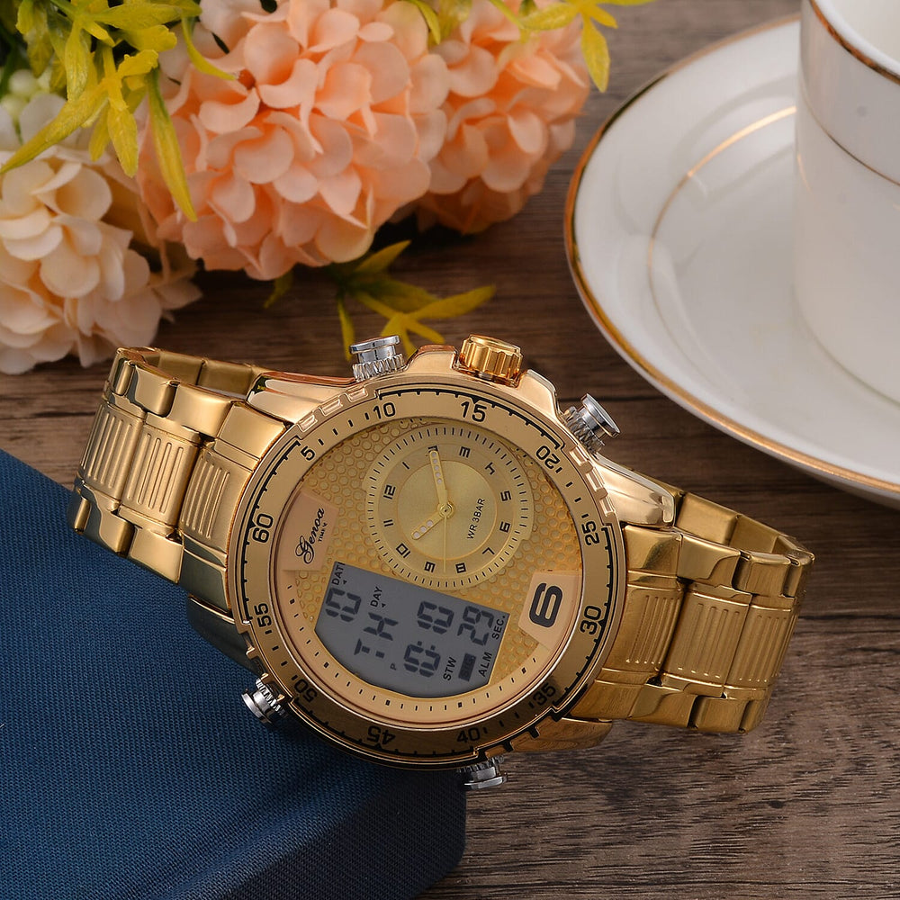 GENOA TIME V2 Japan Movement Multifucntional LED & Gold Literal Dial 3 ATM WR Watch with Stainless Steel Gold Buckle