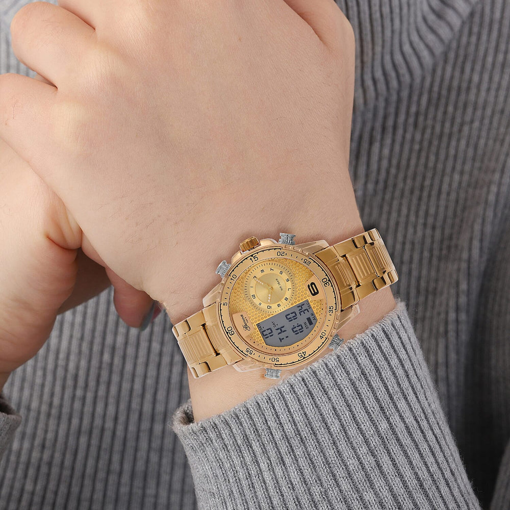 GENOA TIME V2 Japan Movement Multifucntional LED & Gold Literal Dial 3 ATM WR Watch with Stainless Steel Gold Buckle