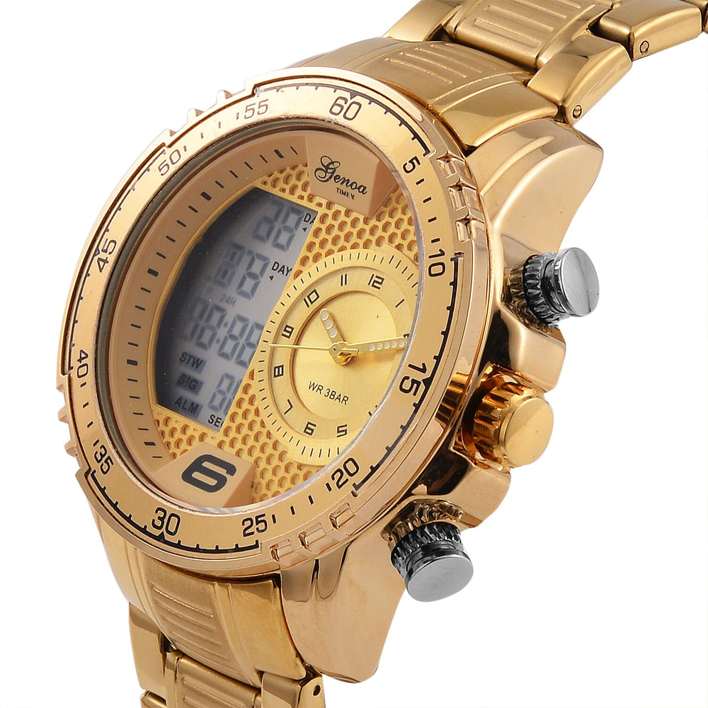 GENOA TIME V2 Japan Movement Multifucntional LED & Gold Literal Dial 3 ATM WR Watch with Stainless Steel Gold Buckle