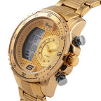 GENOA TIME V2 Japan Movement Multifucntional LED & Gold Literal Dial 3 ATM WR Watch with Stainless Steel Gold Buckle