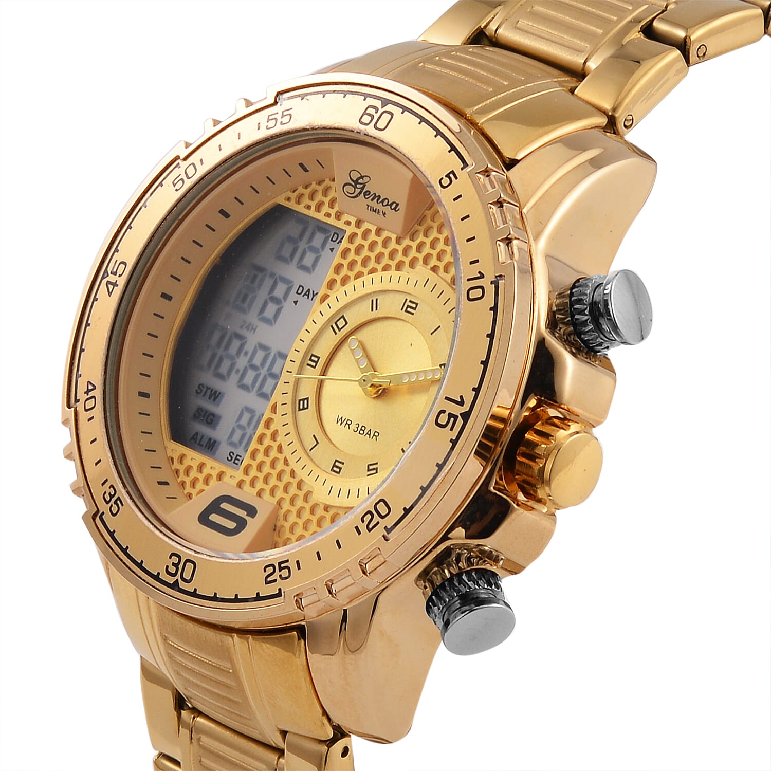 GENOA TIME V2 Japan Movement Multifucntional LED & Gold Literal Dial 3 ATM WR Watch with Stainless Steel Gold Buckle