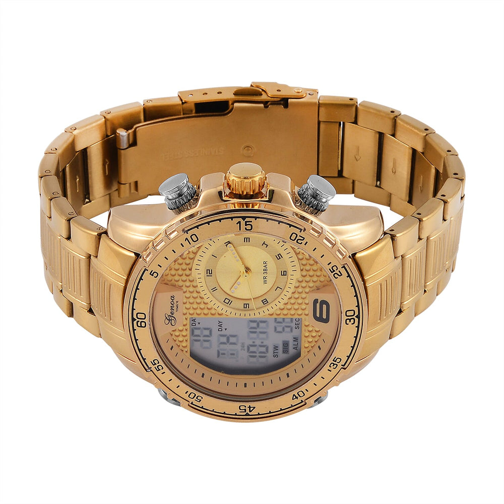 GENOA TIME V2 Japan Movement Multifucntional LED & Gold Literal Dial 3 ATM WR Watch with Stainless Steel Gold Buckle