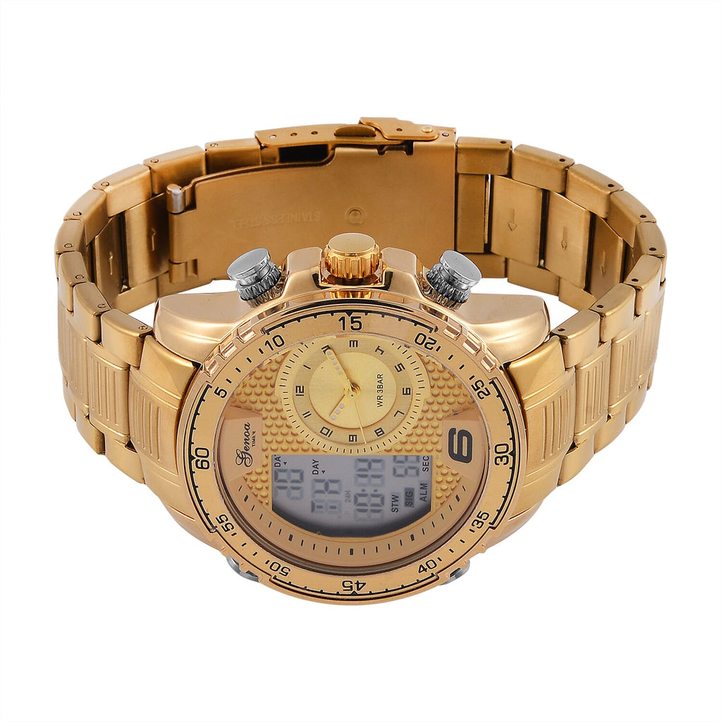 GENOA TIME V2 Japan Movement Multifucntional LED & Gold Literal Dial 3 ATM WR Watch with Stainless Steel Gold Buckle