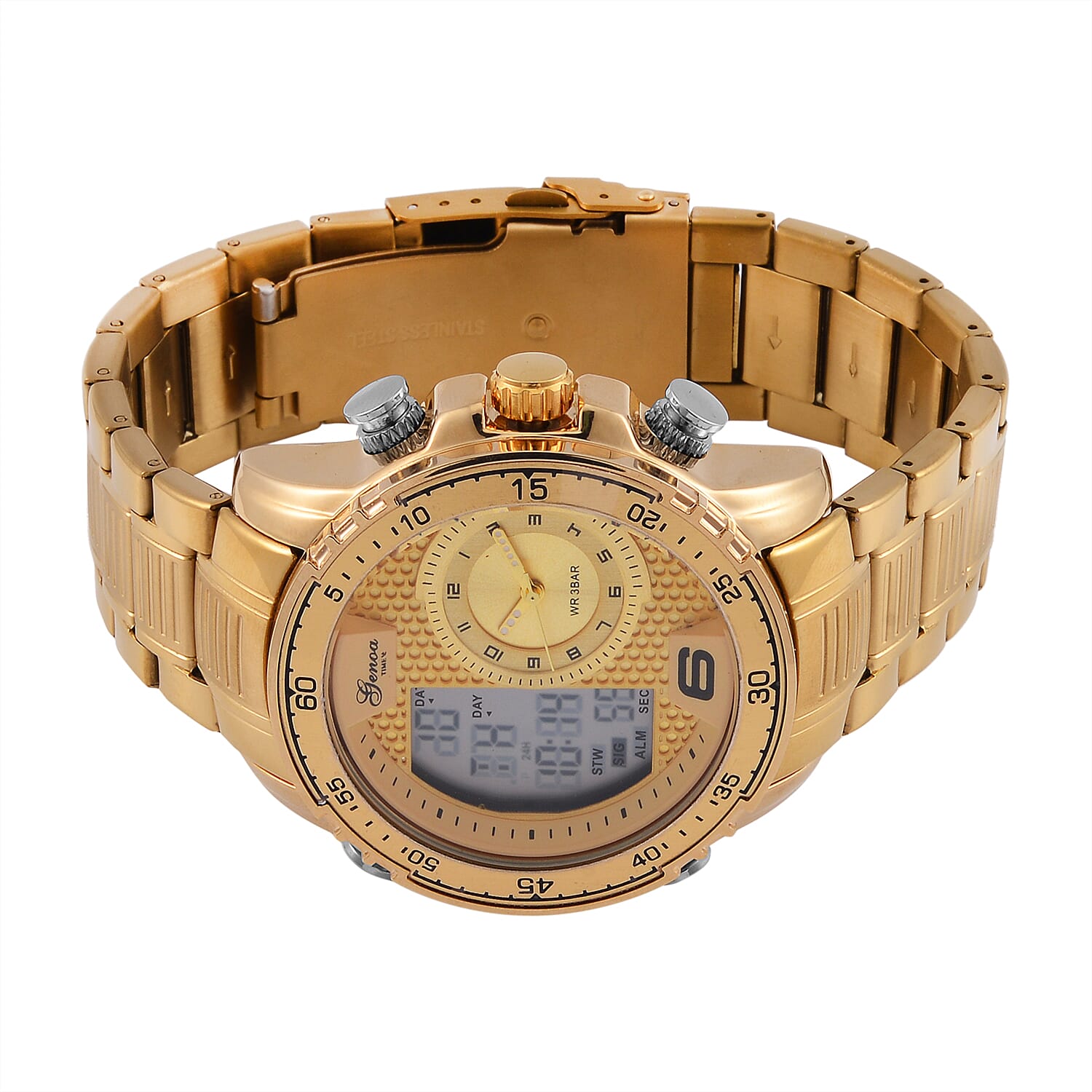 GENOA TIME V2 Japan Movement Multifucntional LED & Gold Literal Dial 3 ATM WR Watch with Stainless Steel Gold Buckle