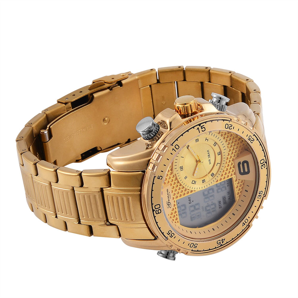 GENOA TIME V2 Japan Movement Multifucntional LED & Gold Literal Dial 3 ATM WR Watch with Stainless Steel Gold Buckle