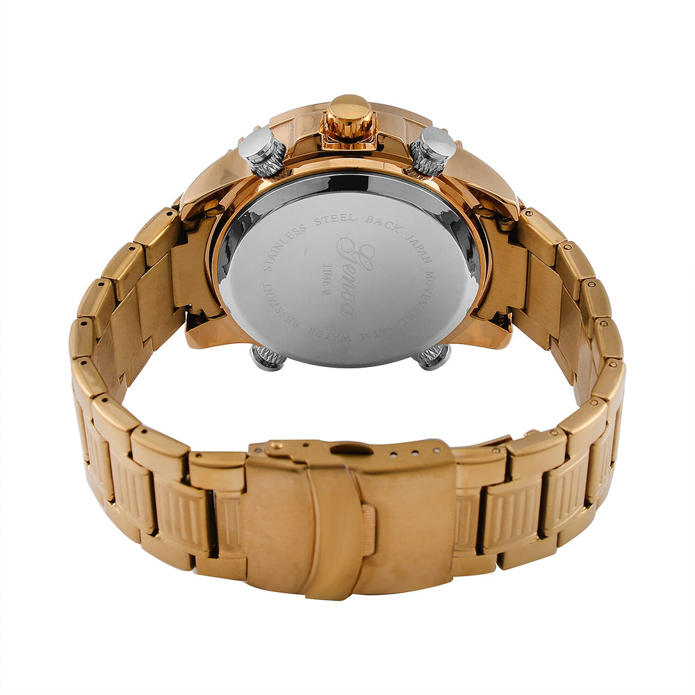 GENOA TIME V2 Japan Movement Multifucntional LED & Gold Literal Dial 3 ATM WR Watch with Stainless Steel Gold Buckle