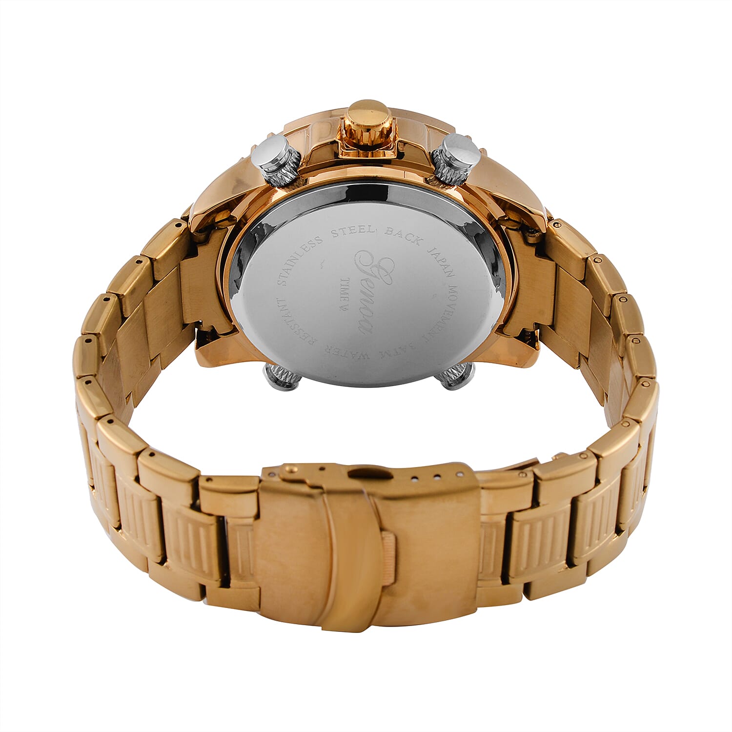 GENOA TIME V2 Japan Movement Multifucntional LED & Gold Literal Dial 3 ATM WR Watch with Stainless Steel Gold Buckle