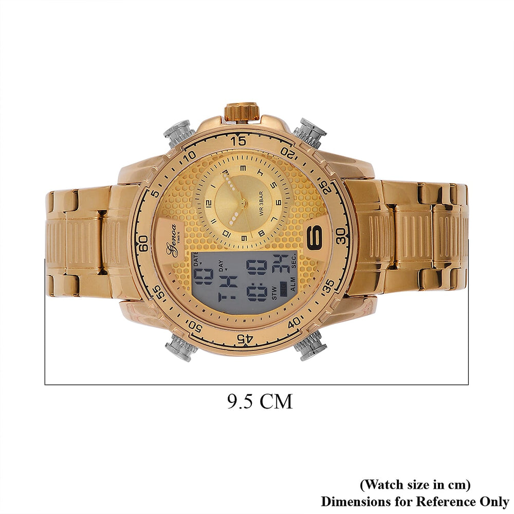 GENOA TIME V2 Japan Movement Multifucntional LED & Gold Literal Dial 3 ATM WR Watch with Stainless Steel Gold Buckle