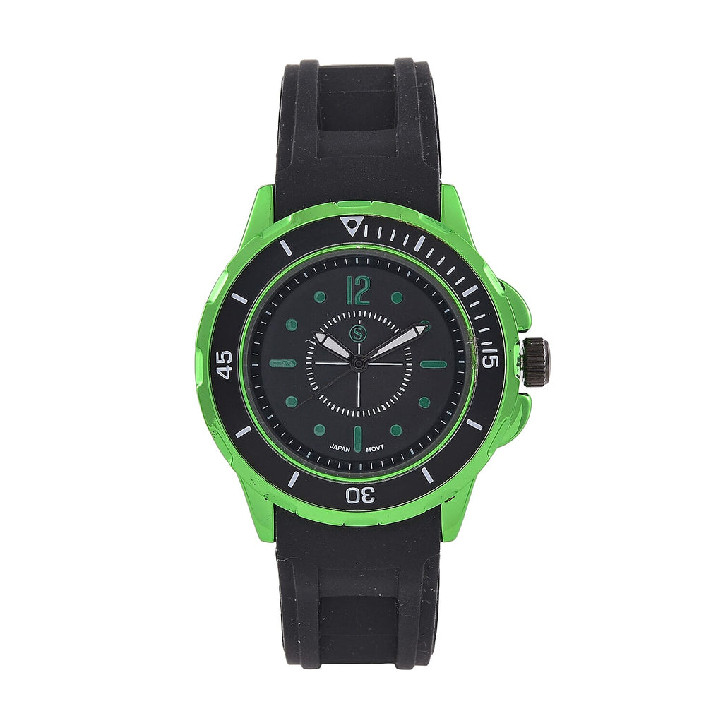 STRADA PC21S Japan Movt. Water Resistant Black Dial Mens Watch with Black Colour Silicone Strap and Neon Green-Tone Case
