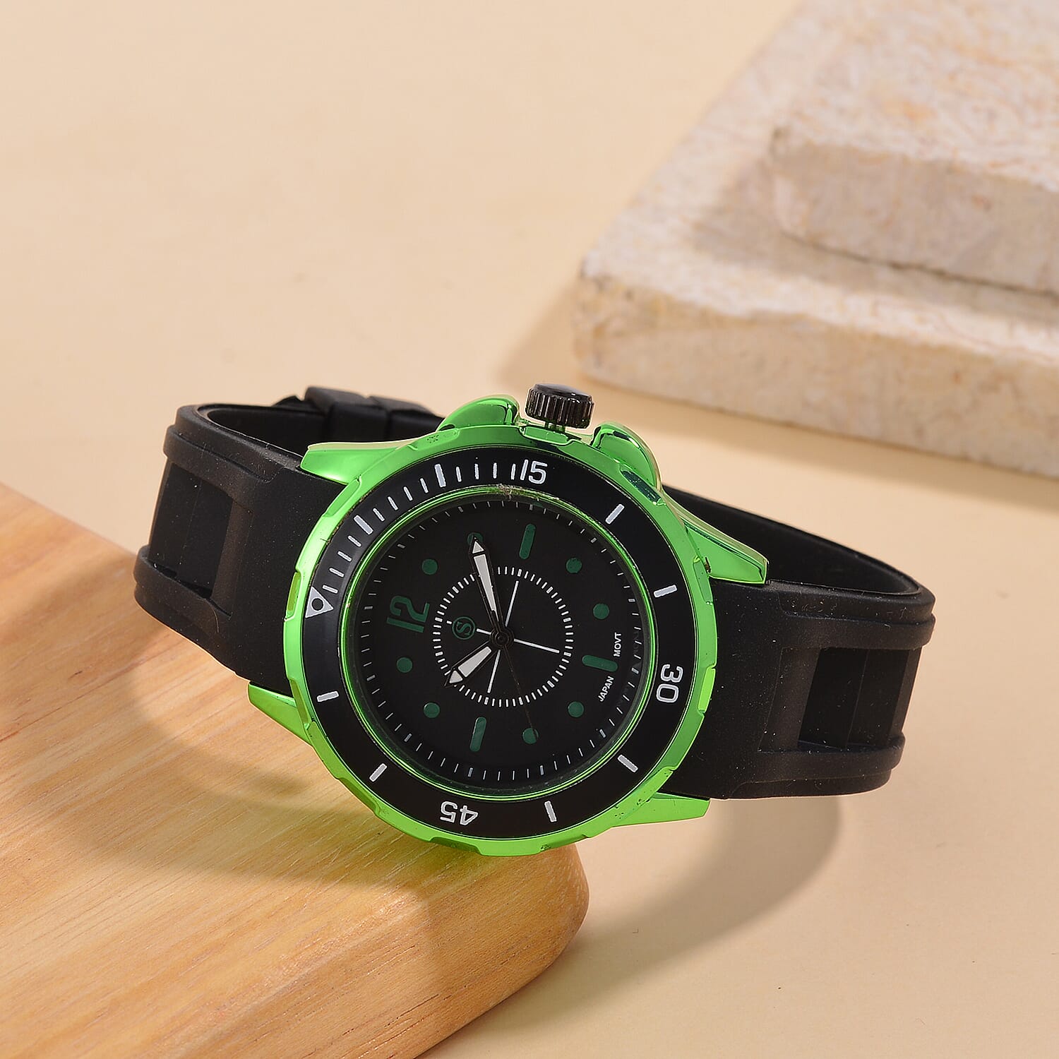 STRADA PC21S Japan Movt. Water Resistant Black Dial Mens Watch with Black Colour Silicone Strap and Neon Green-Tone Case