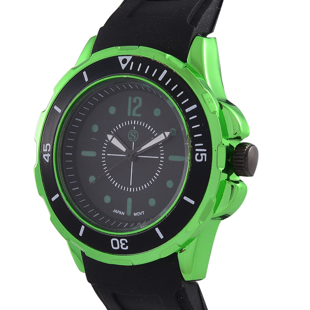 STRADA PC21S Japan Movt. Water Resistant Black Dial Mens Watch with Black Colour Silicone Strap and Neon Green-Tone Case