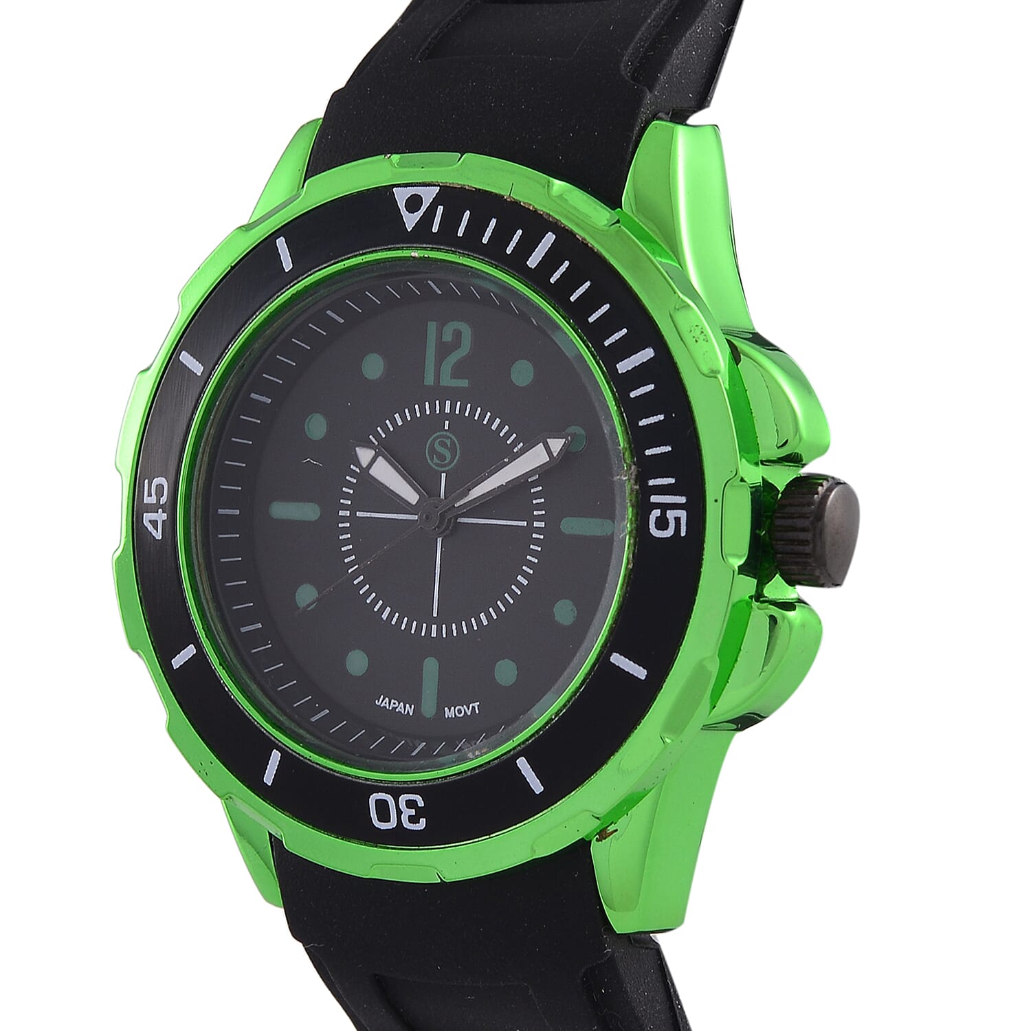 STRADA PC21S Japan Movt. Water Resistant Black Dial Mens Watch with Black Colour Silicone Strap and Neon Green-Tone Case