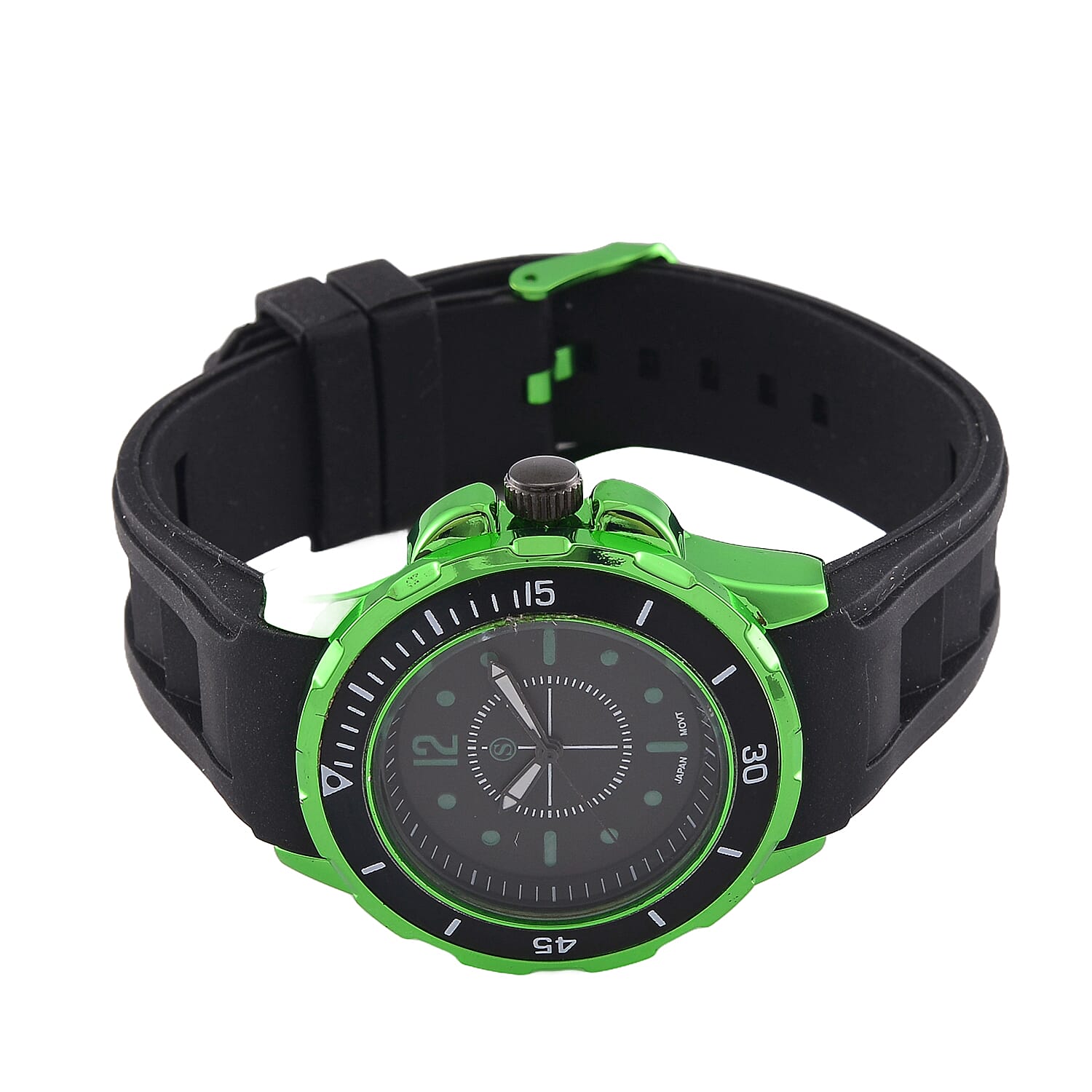 STRADA PC21S Japan Movt. Water Resistant Black Dial Mens Watch with Black Colour Silicone Strap and Neon Green-Tone Case