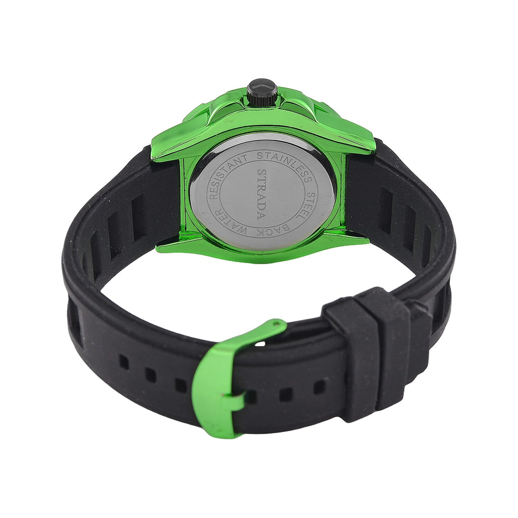 STRADA PC21S Japan Movt. Water Resistant Black Dial Mens Watch with Black Colour Silicone Strap and Neon Green-Tone Case