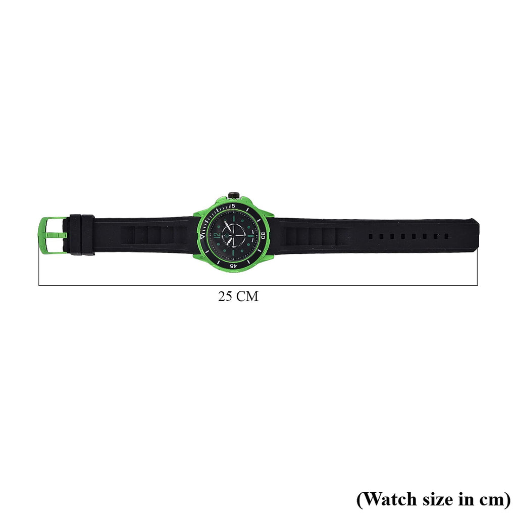 STRADA PC21S Japan Movt. Water Resistant Black Dial Mens Watch with Black Colour Silicone Strap and Neon Green-Tone Case
