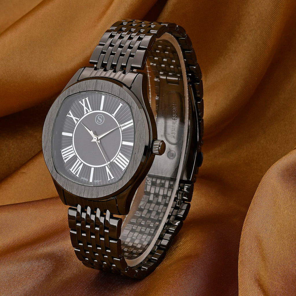 STRADA Japanese Movement Water Resistant Black Sunshine Hydraulic Dial Watch with Black Color Stainless Steel Strap