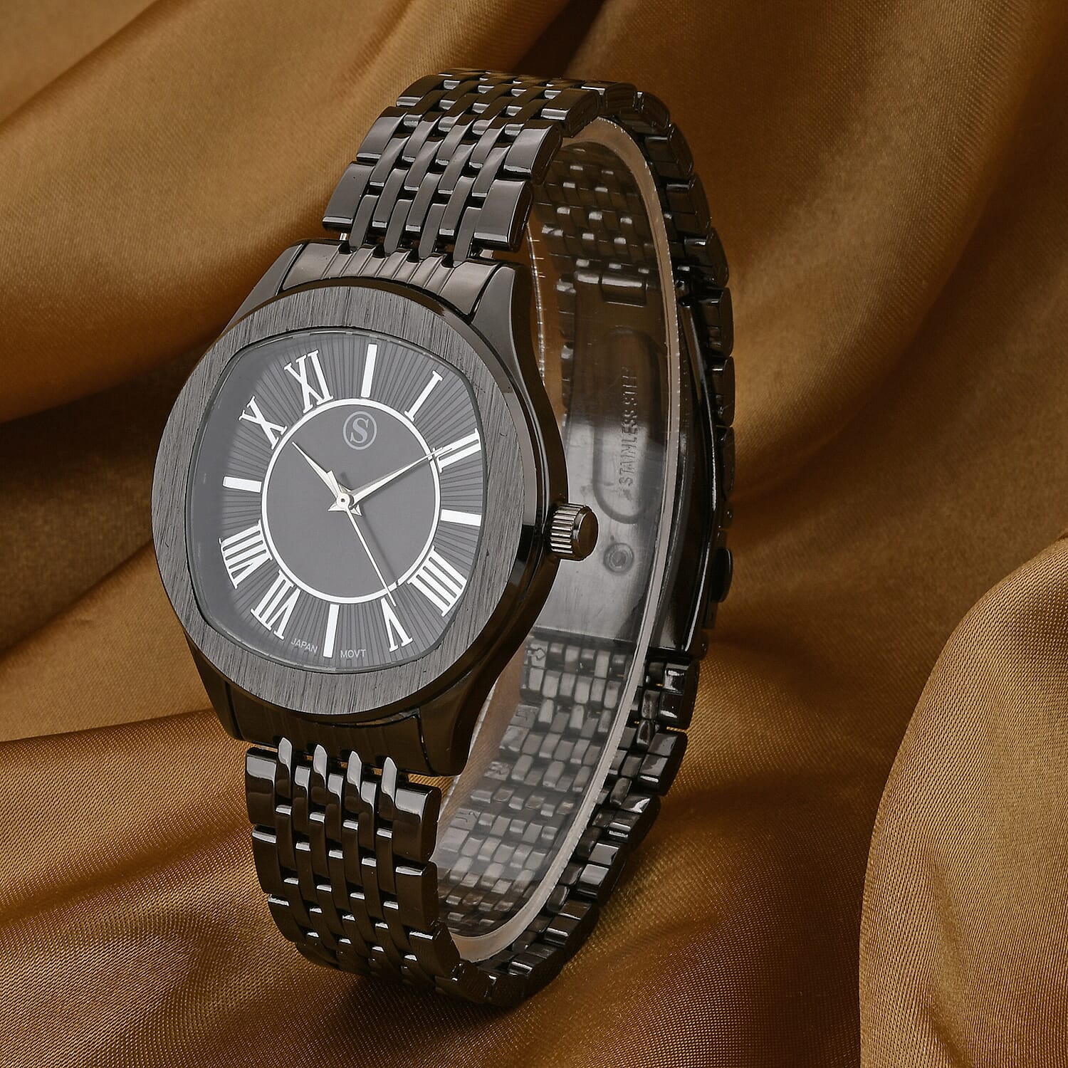 STRADA Japanese Movement Water Resistant Black Sunshine Hydraulic Dial Watch with Black Color Stainless Steel Strap